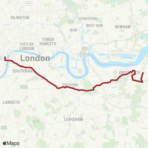 TfL Plumstead Sta - Plumstead Common - Woolwich - Charlton Village - Blackheath Royal Standard - Deptford Bridge - New Cross - Old Kent Rd - Elephant & Castle - Whitehall, Horse Guards map