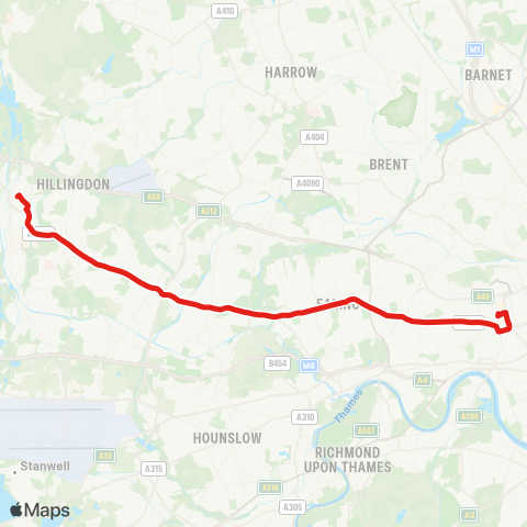TfL Uxbridge - Hayes End and Grapes - Southall - Ealing Hosp - W Ealing - Ealing Bway - Ealing Common - Acton - Shepherd's Bush - White City map