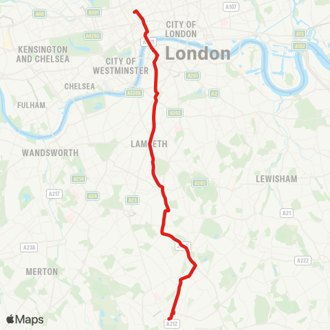 TfL W Croydon - Selhurst Pk Stadium - Crown Point - W Norwood - Exp to Waterloo - Aldwych - Holborn - Russell Square map