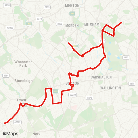 TfL Epsom - Ewell Village - Ewell E Sta - Cheam - Sutton Sta - Edinburgh Rd - St Helier Hosp - Rose Hill - St Helier Sta map