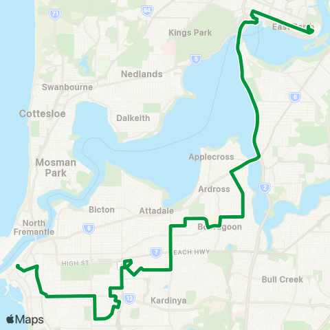 Transperth Fremantle - East Perth map