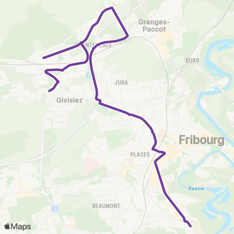 TPF - Transports publics fribourgeois Fribourg/Freiburg, Pl. Gare - Givisiez, La Faye map