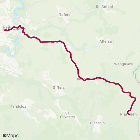 TPF - Transports publics fribourgeois Fribourg/Freiburg, gare rout. - Plaffeien, Dorf map