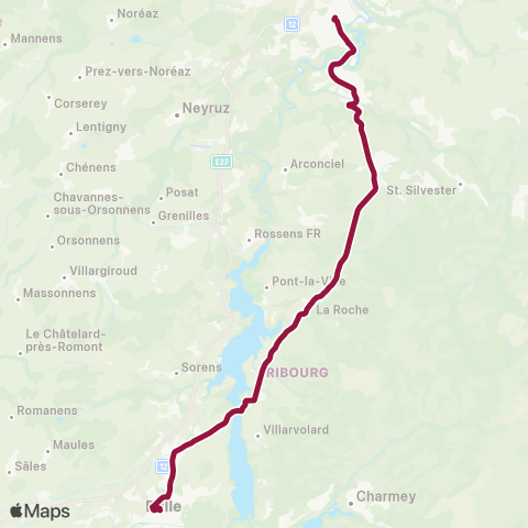 TPF - Transports publics fribourgeois Bulle, gare routière - Fribourg/Freiburg, gare rout. map