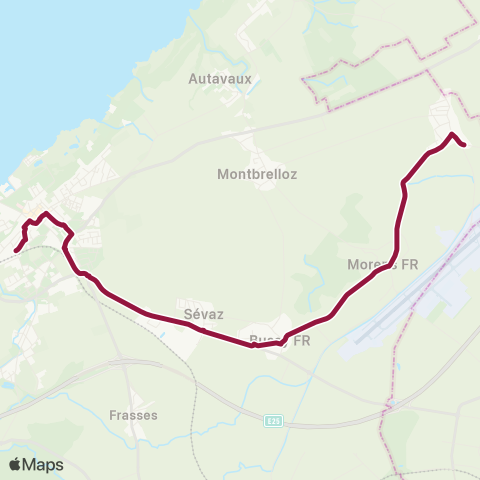 TPF - Transports publics fribourgeois Rueyres-les-Prés, école - Estavayer-le-Lac, gare map