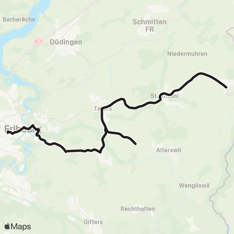 TPF - Transports publics fribourgeois Fribourg/Freiburg, gare rout. - Heitenried, Dorf map