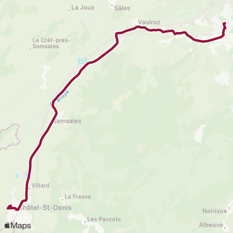 TPF - Transports publics fribourgeois Châtel-St-Denis, gare - Bulle, Château-d'en-Bas map