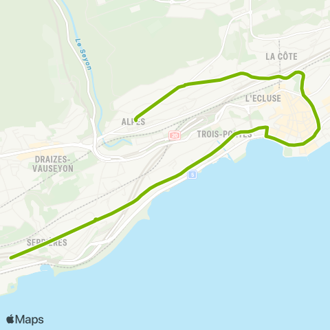 Transports Publics Neuchâtelois Neuchâtel, Oriette - Neuchâtel, Serrières (bus) map