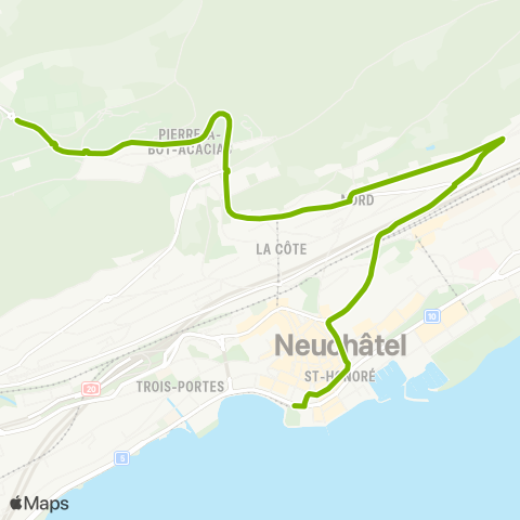 Transports Publics Neuchâtelois Neuchâtel, Terreaux Muséum - Neuchâtel, Trois-Chênes map