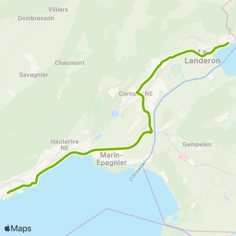 Transports Publics Neuchâtelois Neuchâtel, Université - Le Landeron, Bellevue map