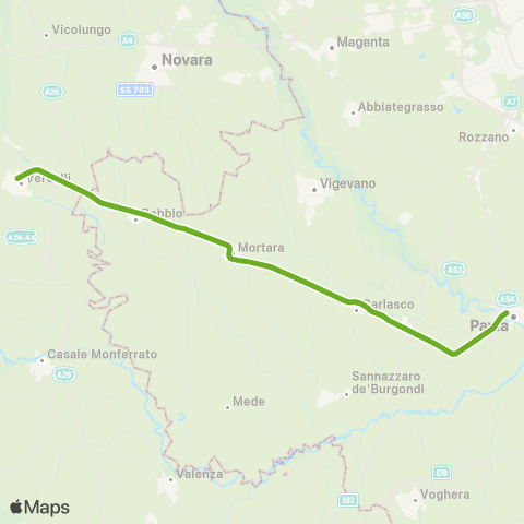 Trenord Pavia-Mortara-Vercelli map