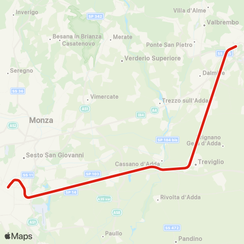 Trenord Bergamo-Pioltello-Milano map