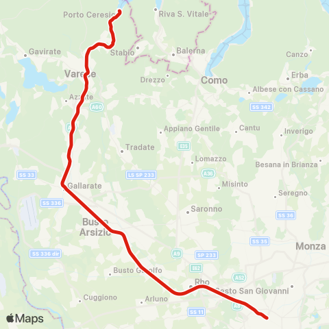 Trenord Porto Ceresio-Varese-Gallarate-Milano map