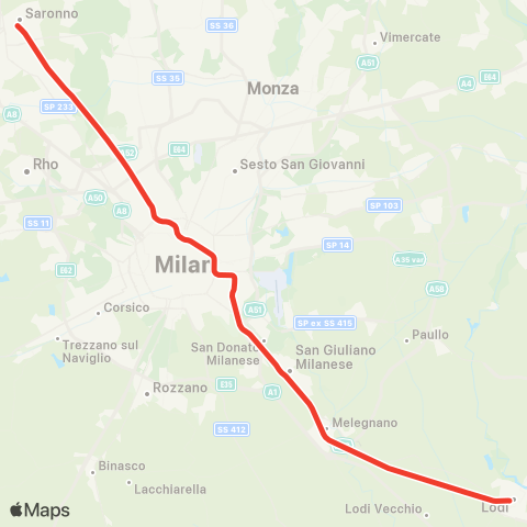 Trenord Saronno-Milano Passante-Lodi map