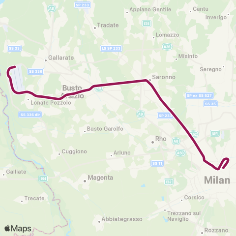 Trenord Malpensa-Milano Cadorna map