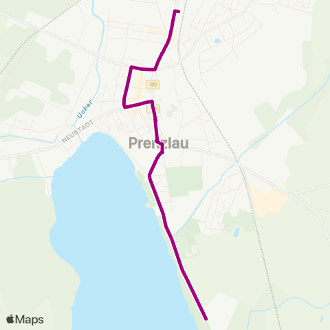 Uckermärkische Verkehrsgesellschaft Campingplatz ↔︎ Prenzlau Zob map