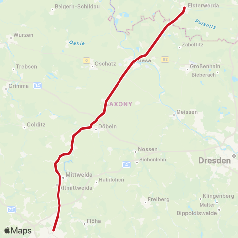 Bayerische Oberlandbahn Chemnitz, Hbf ↔︎ Elsterwerda, Bhf map