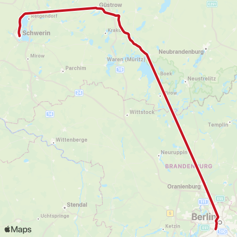 ODEG Ostdeutsche Eisenbahn Schwerin, Hbf ↔︎ S Südkreuz Bhf (Berlin) map