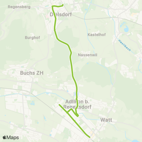 VBG - Verkehrsbetriebe Glattal Dielsdorf, Bahnhof - Regensdorf-Watt, Bahnhof map