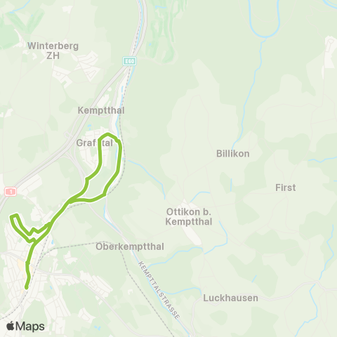 VBG - Verkehrsbetriebe Glattal Effretikon, Bahnhof - Kyburg, Dorf map