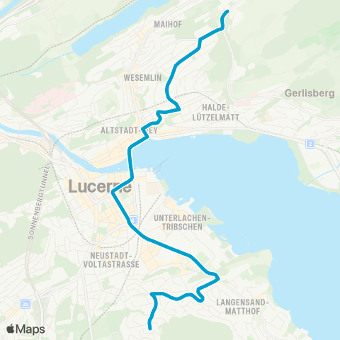 VBL - Verkehrsbetriebe Luzern Horw, Biregghof - Luzern, Unterlöchli map