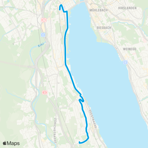 VBZ - Verkehrsbetriebe Zürich Zürich Enge, Bahnhof - Kilchberg ZH, Kirche map