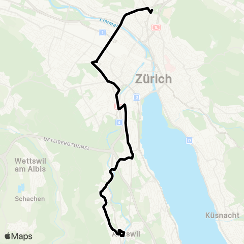 VBZ - Verkehrsbetriebe Zürich Zürich, Milchbuck - Adliswil, Schulhaus Kopfholz map