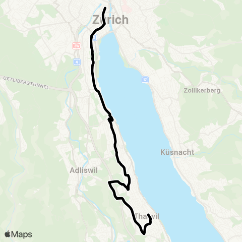 VBZ - Verkehrsbetriebe Zürich Zürich, Bahnhofstrasse/HB - Thalwil, Zentrum map