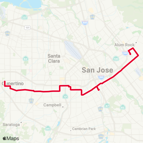 VTA De Anza Coll - Alum Rock via Valley Med map