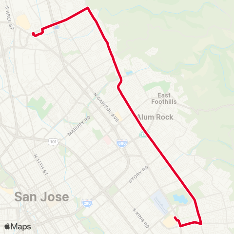 VTA Milpitas BART - Eastridge via White map