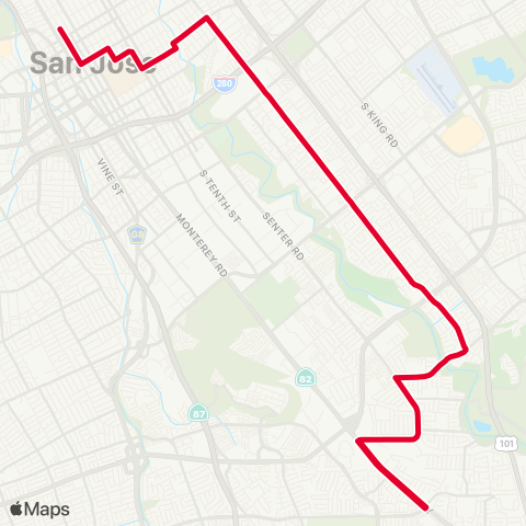 VTA Dtwn Sj - Senter & Monterey via McLaughlin map