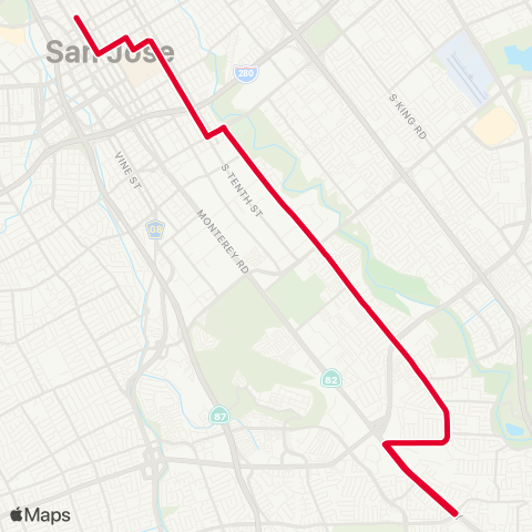 VTA Dtwn Sj - Senter & Monterey via Senter map