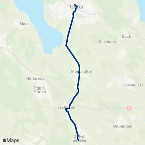 VZO - Verkehrsbetriebe Zürichsee und Oberland Oetwil am See, Zentrum - Uster, Bahnhof map