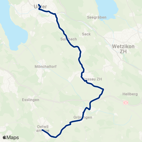 VZO - Verkehrsbetriebe Zürichsee und Oberland Uster, Bahnhof - Gossau ZH, Mitteldorf map