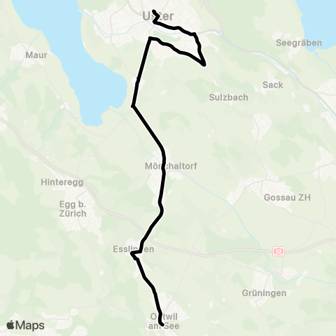 VZO - Verkehrsbetriebe Zürichsee und Oberland Uster, Bahnhof - Oetwil am See, Zentrum map